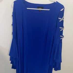 Blue Dress With Rhinestone Details and Flare Sleeves